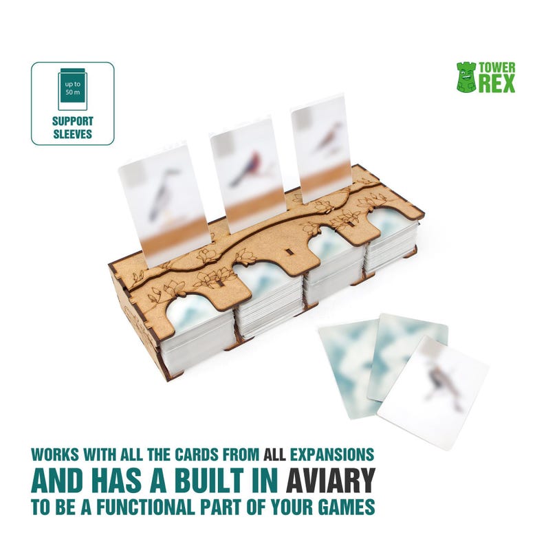 Organizer for Wingspan + Expansions. European, Oceania. Free dice tower, first player token. Needs game box. This Storage insert is an awesome gift for geek. Wooden accessory is perfect addition to board game party. Only trays without any components