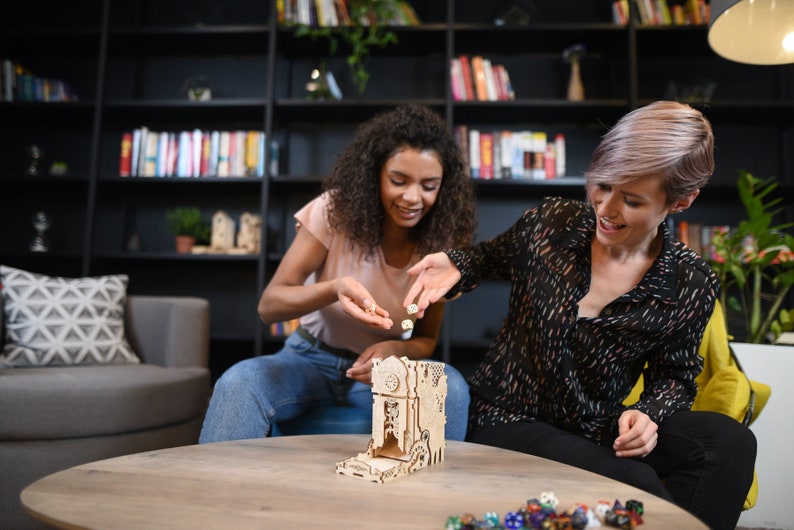 Steampunk Dice Tower is an awesome hobby gift idea for game geek. Wooden laser cut dice roller is perfect addition to board game party. Level up your experience with towerrex accessories. Only tray without any dice