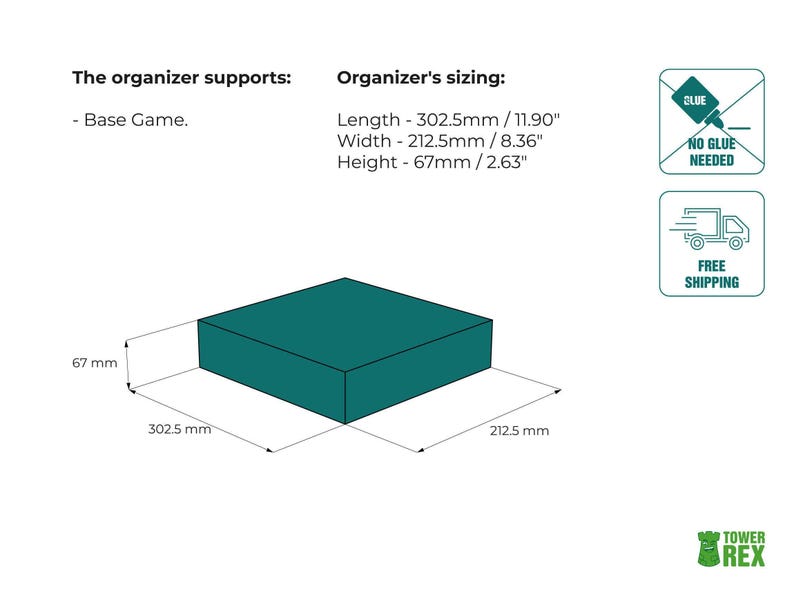 Organizer for Golem + Free Dice Tower. Needs base game box to be placed in. This Storage insert is an awesome hobby gift idea for game geek. Wooden laser cut accessory is perfect addition to board game party. Only trays without any components.