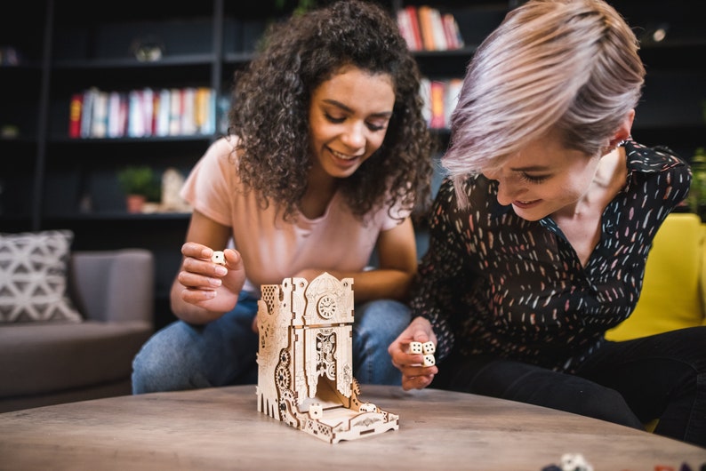 Steampunk Dice Tower is an awesome hobby gift idea for game geek. Wooden laser cut dice roller is perfect addition to board game party. Level up your experience with towerrex accessories. Only tray without any dice