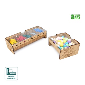 Towerrex Organizer for Wingspan + Expansions. European, Oceania. Free dice tower, first player token. Needs game box. This Storage insert is an awesome gift for geek. Wooden accessory is perfect addition to board game party. Only trays without any components