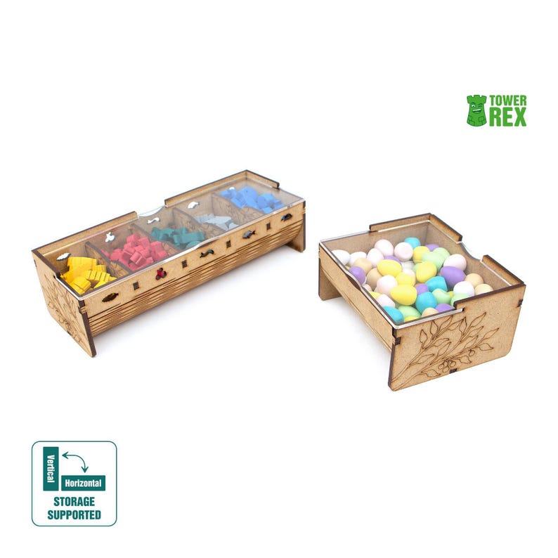Towerrex Organizer for Wingspan + Expansions. European, Oceania. Free dice tower, first player token. Needs game box. This Storage insert is an awesome gift for geek. Wooden accessory is perfect addition to board game party. Only trays without any components