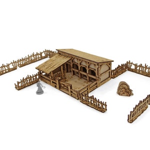 Dungeons and Dragons Terrain Stable. Medieval building scenery 28mm figures scale. Awesome DnD play mat. Unpainted extensions for your D and D battle map. Immersive hobby cheap gift idea for geeks. DnD tabletop accessory for GM