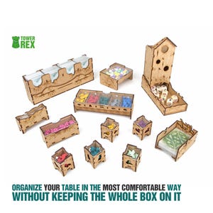 Towerrex Organizer for Wingspan + Expansions. European, Oceania. Free dice tower, first player token. Needs game box. This Storage insert is an awesome gift for geek. Wooden accessory is perfect addition to board game party. Only trays without any components