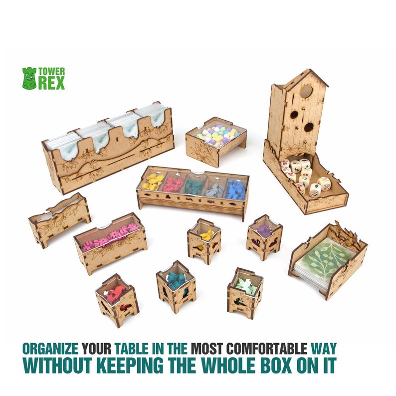 Towerrex Organizer for Wingspan + Expansions. European, Oceania. Free dice tower, first player token. Needs game box. This Storage insert is an awesome gift for geek. Wooden accessory is perfect addition to board game party. Only trays without any components
