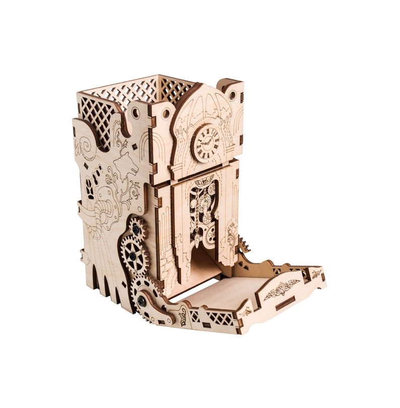 Steampunk Dice Tower is an awesome hobby gift idea for game geek. Wooden laser cut dice roller is perfect addition to board game party. Level up your experience with towerrex accessories. Only tray without any dice