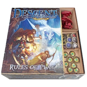 Organizer for Descent: Journey in the Dark 2nd edition. Needs base game box to be placed in. This Storage is an awesome hobby gift for game geek. Wooden laser cut accessory is perfect addition to board game party. Only insert without any components.