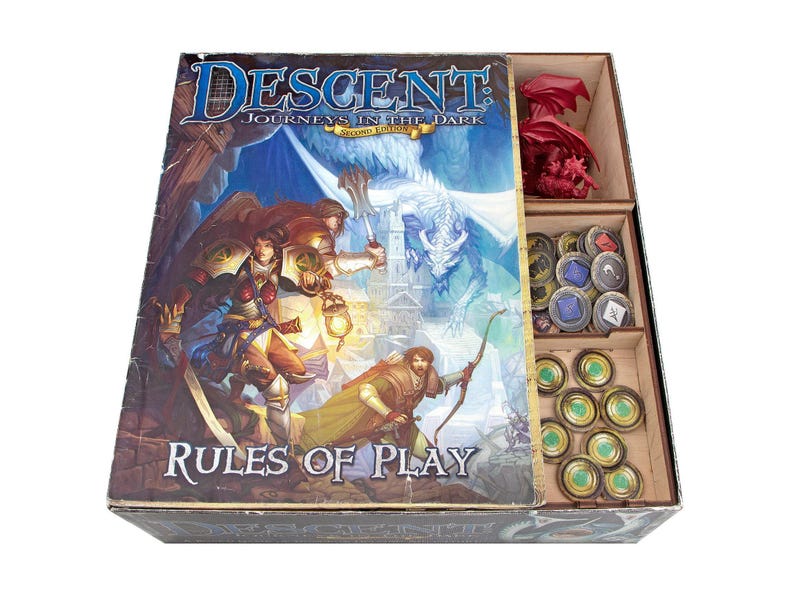 Organizer for Descent: Journey in the Dark 2nd edition. Needs base game box to be placed in. This Storage is an awesome hobby gift for game geek. Wooden laser cut accessory is perfect addition to board game party. Only insert without any components.