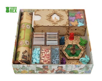 TowerRex Organizer for Flamecraft and Dragons & Dragons Expansion, Wooden Board Game Insert, Card and Token Storage, Dragon Miniature Tray