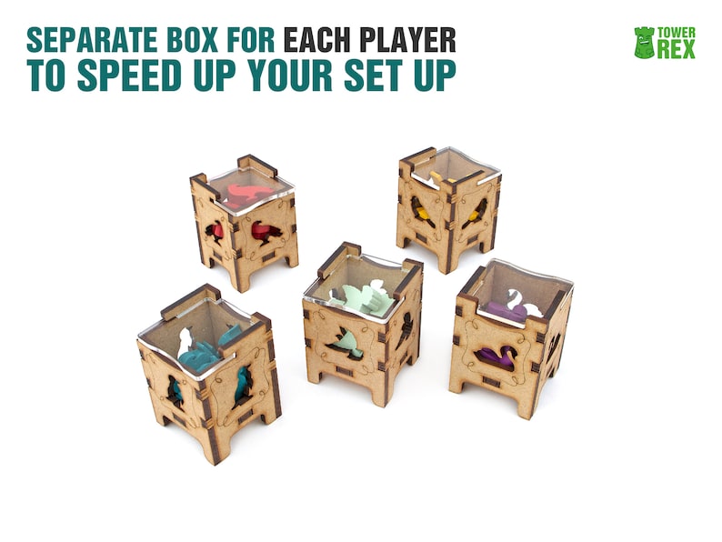 Organizer for Wingspan + Expansions. European, Oceania. Free dice tower, first player token. Needs game box. This Storage insert is an awesome gift for geek. Wooden accessory is perfect addition to board game party. Only trays without any components