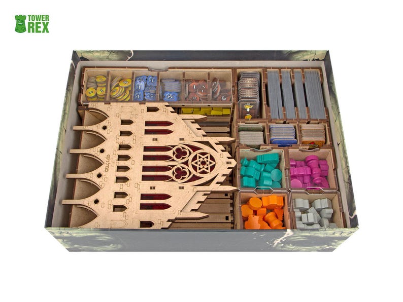 Organizer for Golem + Free Dice Tower. Needs base game box to be placed in. This Storage insert is an awesome hobby gift idea for game geek. Wooden laser cut accessory is perfect addition to board game party. Only trays without any components.