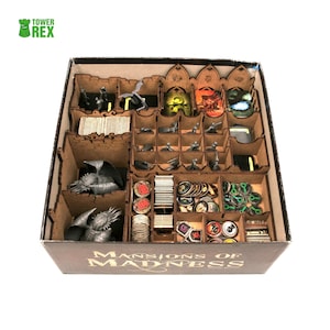 Organizer for Mansions of Madness 2nd Edition. Needs base game box to be placed in. This Storage insert kit is an awesome hobby gift for game geek. Wooden laser cut accessory is perfect addition to board game party. Only trays without any components.