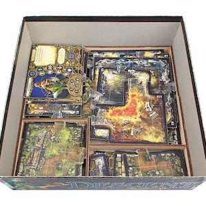 Organizer for Descent: Journey in the Dark 2nd edition. Needs base game box to be placed in. This Storage is an awesome hobby gift for game geek. Wooden laser cut accessory is perfect addition to board game party. Only insert without any components.