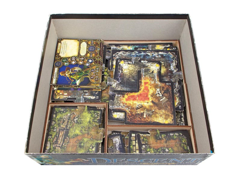 Organizer for Descent: Journey in the Dark 2nd edition. Needs base game box to be placed in. This Storage is an awesome hobby gift for game geek. Wooden laser cut accessory is perfect addition to board game party. Only insert without any components.