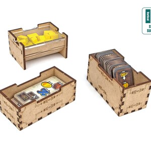 Organizer for Golem + Free Dice Tower. Needs base game box to be placed in. This Storage insert is an awesome hobby gift idea for game geek. Wooden laser cut accessory is perfect addition to board game party. Only trays without any components.
