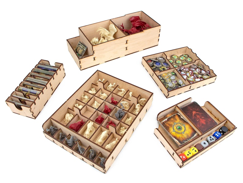 Organizer for Descent: Journey in the Dark 2nd edition. Needs base game box to be placed in. This Storage is an awesome hobby gift for game geek. Wooden laser cut accessory is perfect addition to board game party. Only insert without any components.