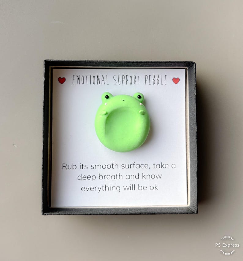 May include: A framed, light green frog-shaped emotional support pebble. The text "EMOTIONAL SUPPORT PEBBLE" is above the frog. Below the frog is the text: "Rub its smooth surface, take a deep breath and know everything will be ok."