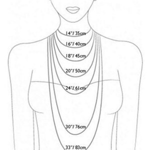 May include: A size guide for necklaces, showing different lengths from 14 inches to 33 inches, with corresponding measurements in centimeters.