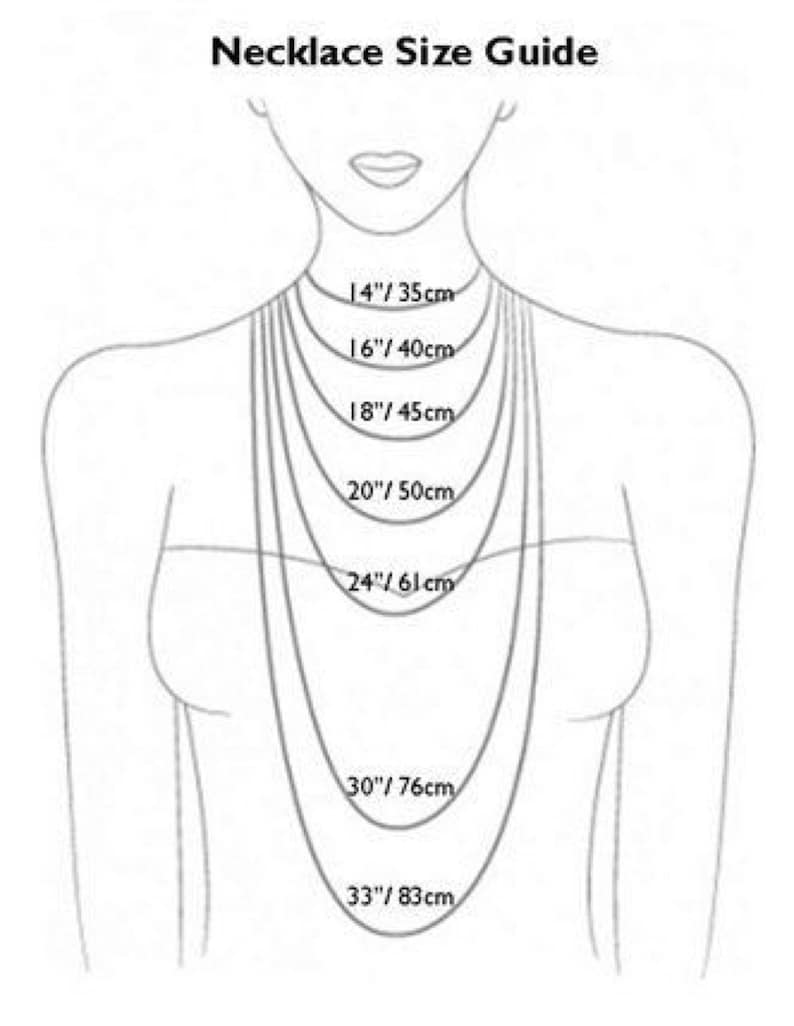 May include: A size guide for necklaces, showing different lengths from 14 inches to 33 inches, with corresponding measurements in centimeters.