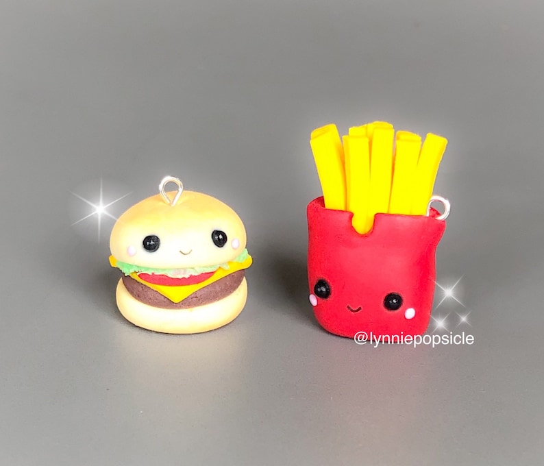 Kawaii burger and chips charms bff charms food jewellery polymer clay charms burger and chips gifts burger and chips lover