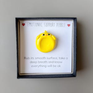 May include: A yellow, chick-shaped emotional support pebble in a black frame. The text "EMOTIONAL SUPPORT PEBBLE" is above the pebble, with two red hearts. Below the pebble is the text: "Rub its smooth surface, take a deep breath and know everything will be ok."