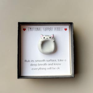 May include: A gray, cat-shaped emotional support pebble on a white card, framed in black. The card reads "EMOTIONAL SUPPORT PEBBLE" with heart symbols. Below, text encourages the user to rub the smooth surface and breathe.