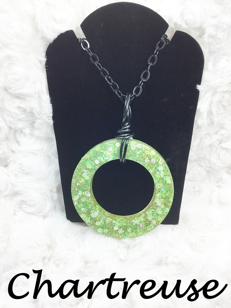 Wire Wrapped Oval Glitter Resin Necklace Multiple Colors Available Color Plated Iron Chain