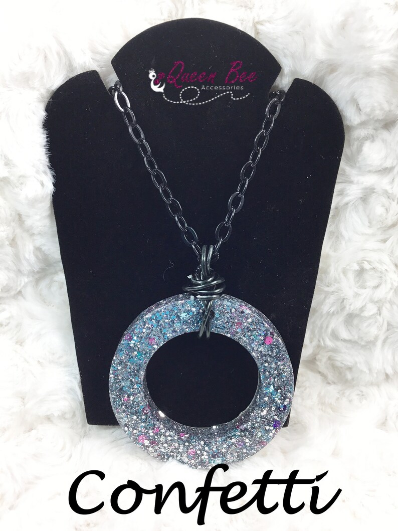 Wire Wrapped Oval Glitter Resin Necklace Multiple Colors Available Color Plated Iron Chain