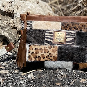 EVA Cowhide CLUTCH Wristlet EXOTIC Prints Southwestern Style Tassel Patchwork Purse Wallet Lined