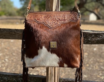 Cowhide  Crossbody Purse -WILLOW- Western -Tool Leather - Lined - Large Size Purse