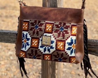MONTANA Southwestern Style CROSSBODY BAG With Fringe, Aztec Saddle Blanket Purse Tooled Leather by H&S