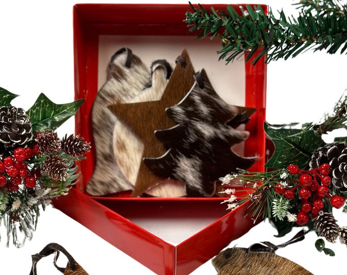 Cowhide Christmas Ornaments, Christmas Gift Box, Double sided Hair on Hide Ornaments,
