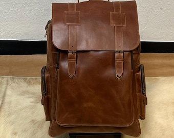 Handcrafted Full-Grain Leather Rolling Travel Bag,