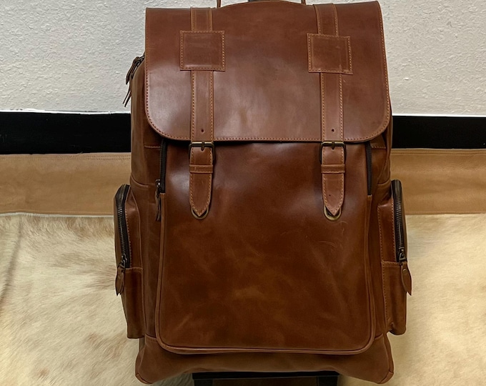 Genuine Leather Trolley Bag, Rolling Travel Bag, Carry-On Luggage