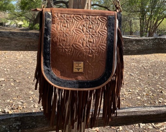 Cowhide CROSSBODY Purse, Saddle bag, Leather and Fringe, Tooled Leather, Lined, Large, Blossom