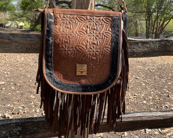 Cowhide CROSSBODY Purse, Saddle bag, Leather and Fringe, Tooled Leather, Lined, Large, Blossom