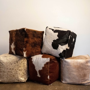 Handmade Premium Patchwork Cowhide Pouf: Versatile 18x18x18in Ottoman Seat, Leather and Hair on Hide, Ideal as Side Table or Footstool