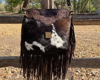 CROSSBODY Purse with LEATHER and Fringe,Tooled Leather, Lined, Large Size Purse-Texana