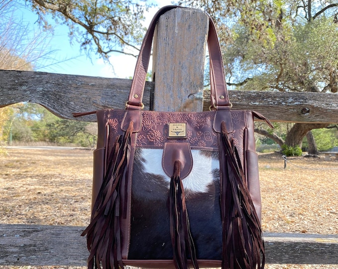 Leather Cowhide handbag, leather bag, Handmade, Shoulder bag, tooled Leather, Lined, Large Size-Stacy