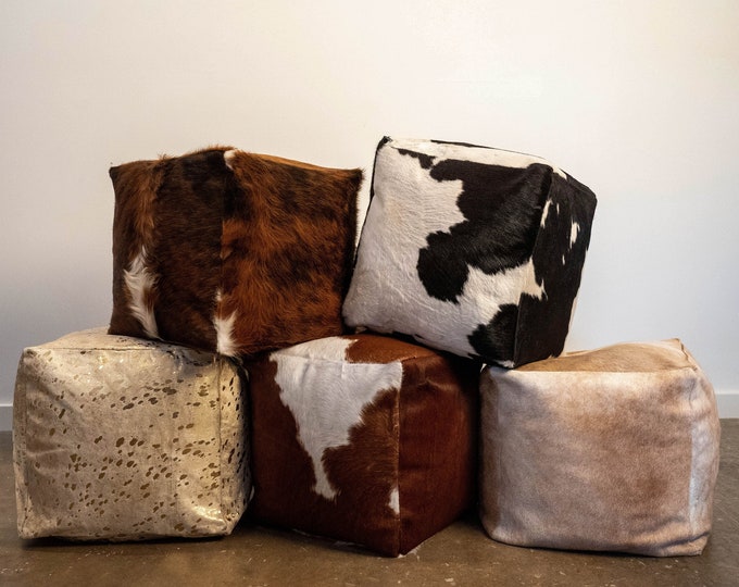 Handmade Premium Patchwork Cowhide Pouf: Versatile 18x18x18in Ottoman Seat, Leather and Hair on Hide, Ideal as Side Table or Footstool