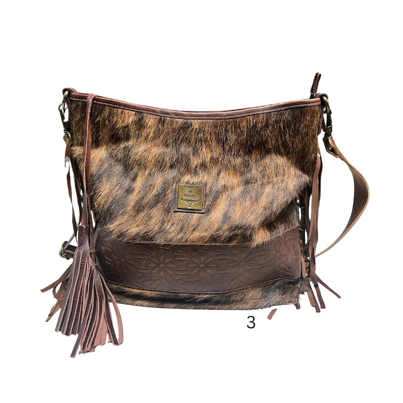 JUNE Crossbody Cowhide Purse. with LEATHER and Fringe Large with Extra bag strap image 3