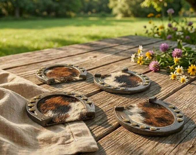 Horseshoe Coaster Set of 4 -Cowhide & Metal