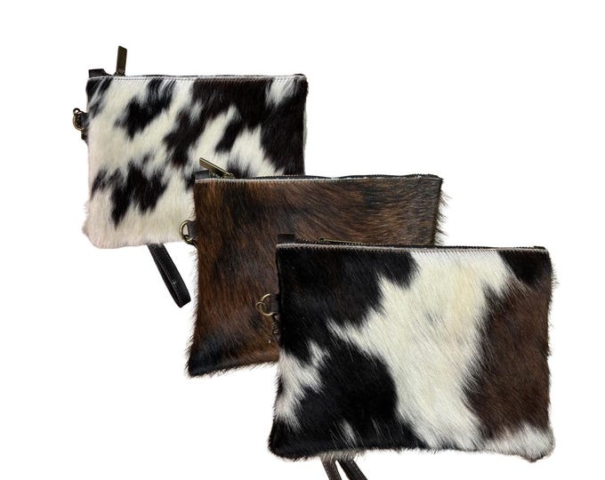 Cowhide Leather Wristlet Clutch: Lined Purse, Detachable Strap