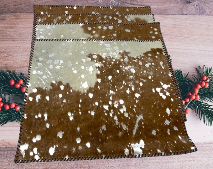 Cowhide Metallic Table Placemats FOUR in a Set Genuine COWHIDE Leather Stitching