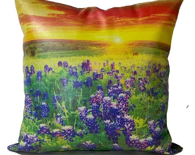 Texas Pasture of Bluebonnets Pillow | Leather Throw Pillow| Image Pillow | 18”x18”