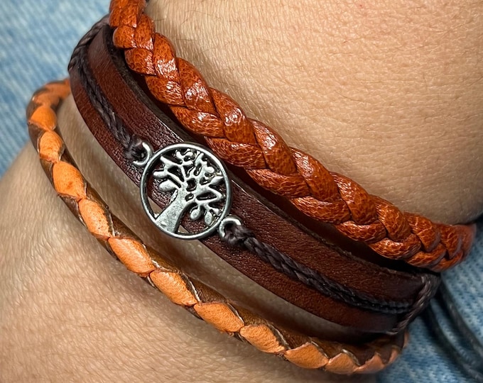 Handcrafted Leather Braided Bracelet Set. Woven Braid & Tree of Life Design, Adjustable and Stylish