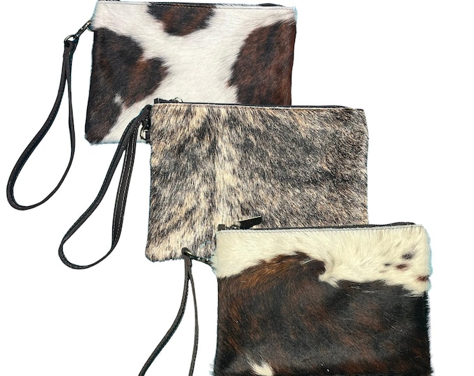 Brindle Cowhide Leather Wristlet Clutch: Lined Purse, Detachable Strap
