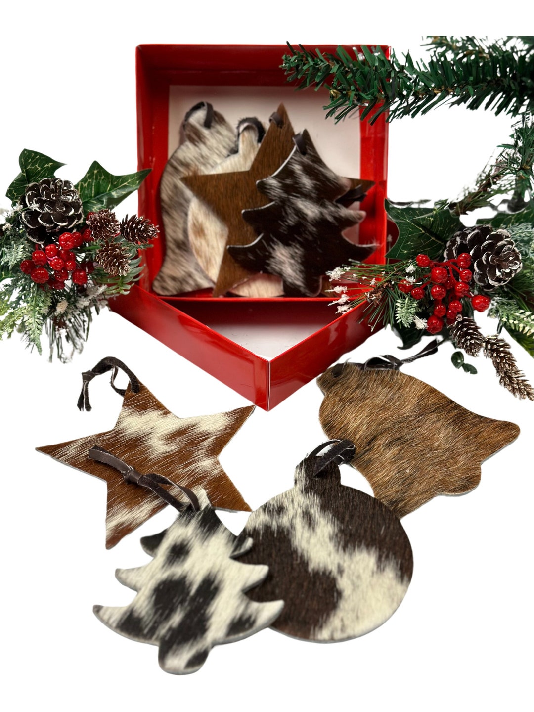 Cowhide Christmas Ornaments Box Set of 8 Both Sides With Cowhide Ready