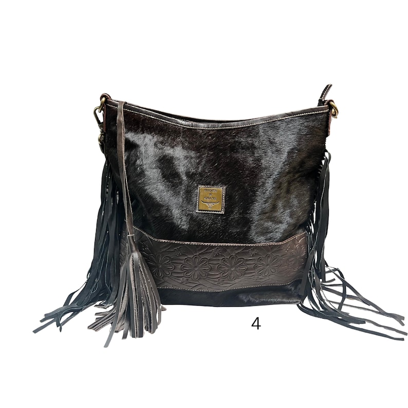 JUNE Crossbody Cowhide Purse. with LEATHER and Fringe Large with Extra bag strap image 4