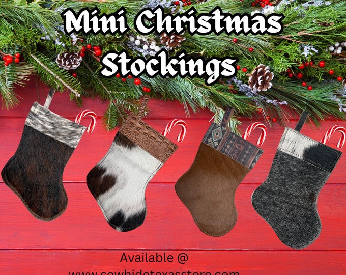 Rustic Cowhide Mini Christmas Stockings – Western Holiday Decor | Genuine Hair-on Hide Stocking | Small Cowboy Stockings